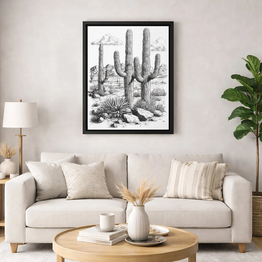 Saguaro Cactus Desert Wall Art | Black and White Landscape Sketch | Premium Gallery Canvas | Southwest Home Decor Gift for Nature Lovers