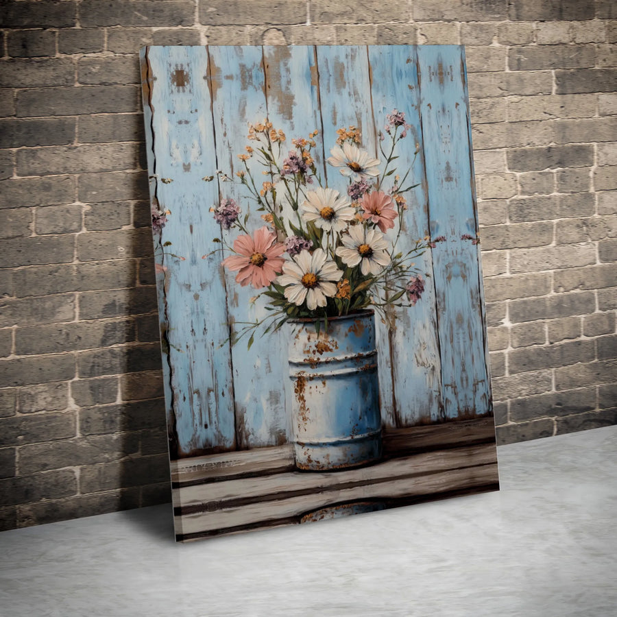Rustic Wildflower Canvas Wall Art | Blue Farmhouse Floral Bouquet | Premium 1.25 inch Gallery Wrap | Country Home Decor Gift