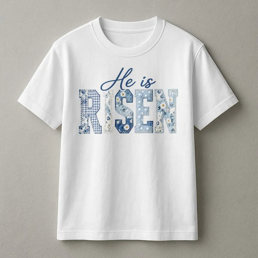 He Is Risen T-Shirt | Blue Toile Patchwork Print Design | Soft Cotton Blend | Easter Gift for Christian Women
