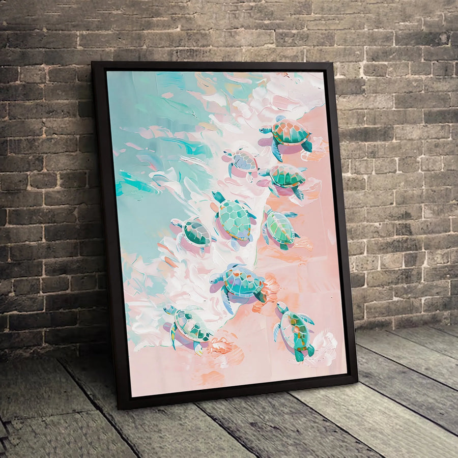 Baby Sea Turtle Wall Art | Coastal Pink Beach Painting | Premium Gallery-Wrapped Canvas | Beach House Decor & Ocean Nursery Gift