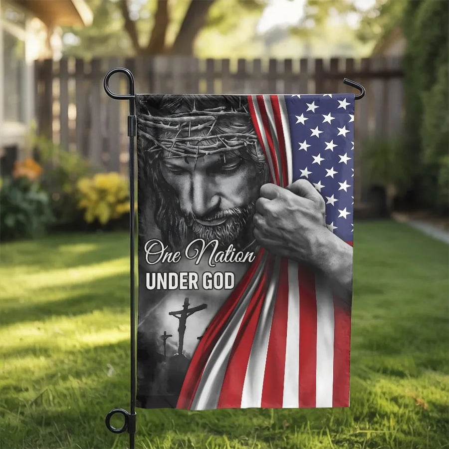 Christian American Garden Flag | One Nation Under God Jesus Art | Weather Resistant Double Sided Fabric | Patriotic Religious Yard Decor Gift