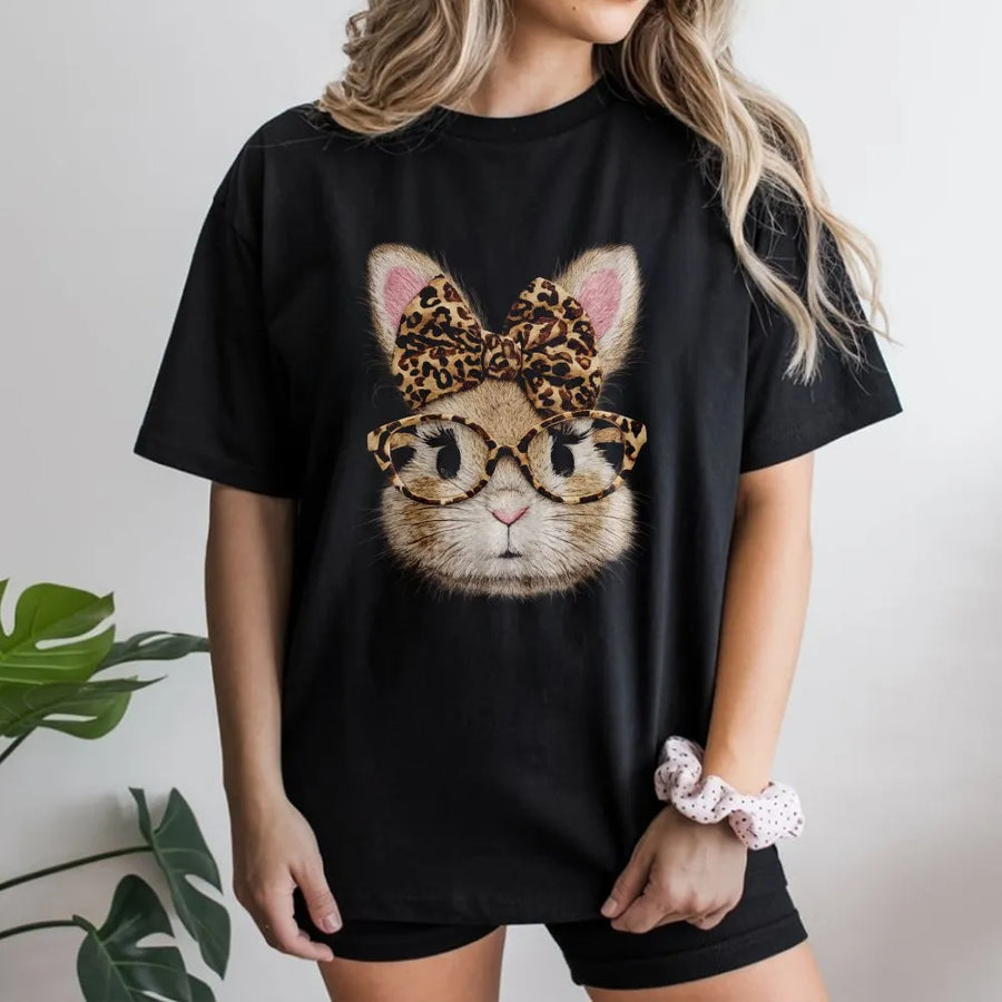 Cute Bunny Graphic T-Shirt | Leopard Print Bow and Glasses Design | Premium 100% Cotton | Easter Outfit Gift for Animal Lovers