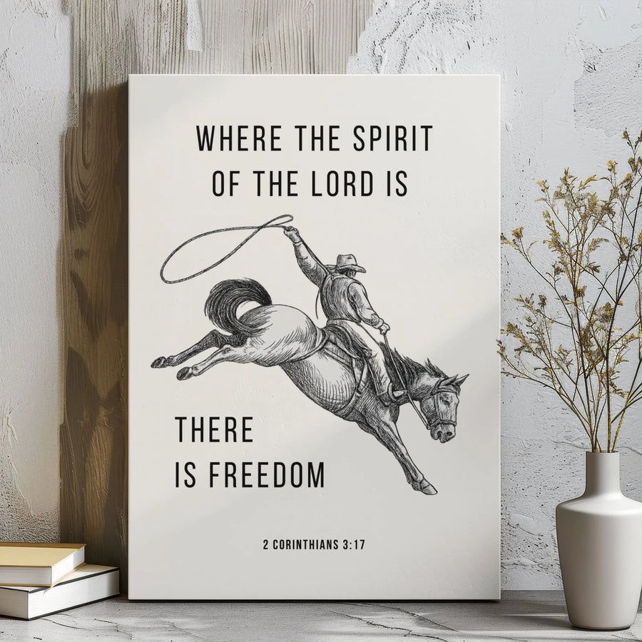 Where The Spirit Of The Lord Is There Is Freedom Canvas | Cowboy Sketch Bible Verse Wall Art | Premium Gallery Wrap Decor | Religious Gift For Men