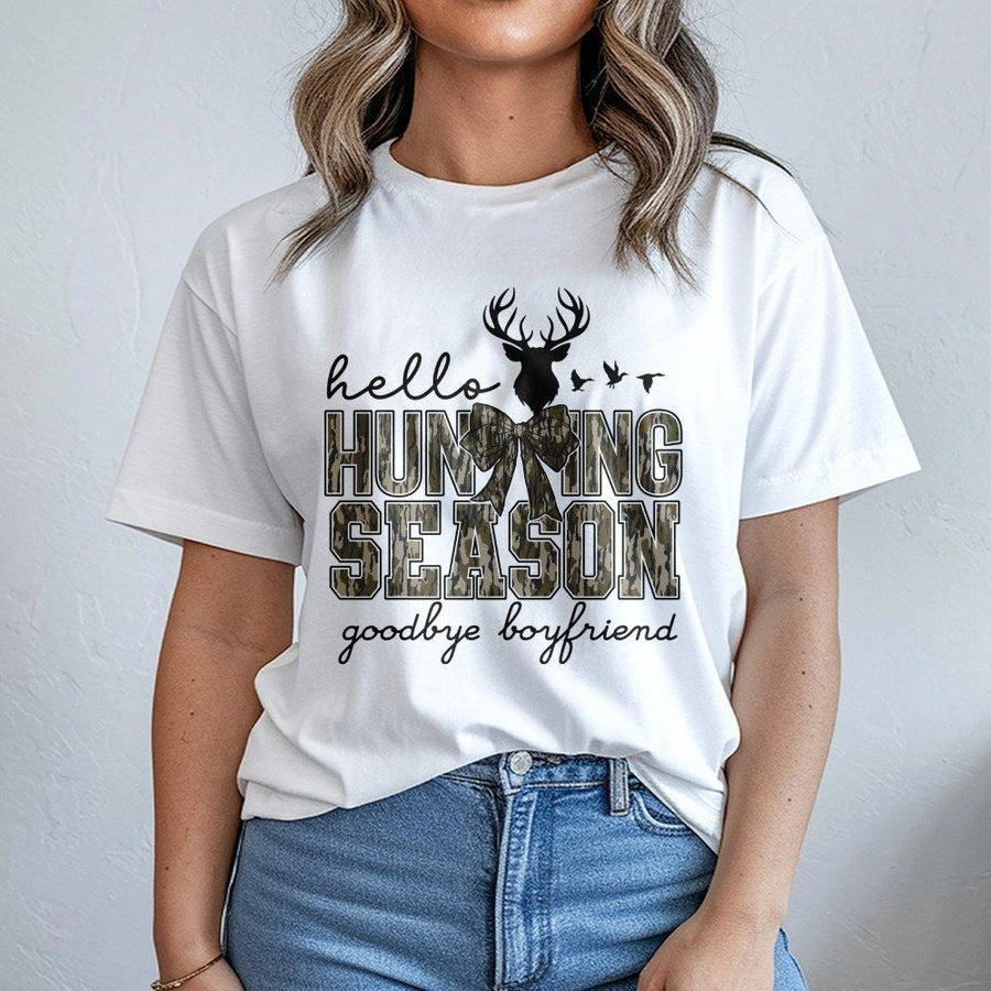 Hello Hunting Season Goodbye Boyfriend T-Shirt | Camo Deer Antler Graphic | Premium 100% Cotton | Funny Fall Gift for Women & Hunter Girls