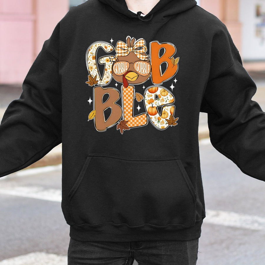 Gobble Turkey Hoodie | Cute Fall Thanksgiving Graphic Design | Soft Cotton Blend | Festive Unisex Gift for Women and Men