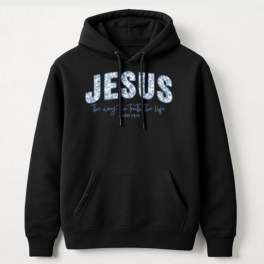 Jesus The Way The Truth The Life Hoodie | Blue Floral Bible Verse Scripture Design | Premium Cotton Blend | Christian Faith Gift for Women and Men