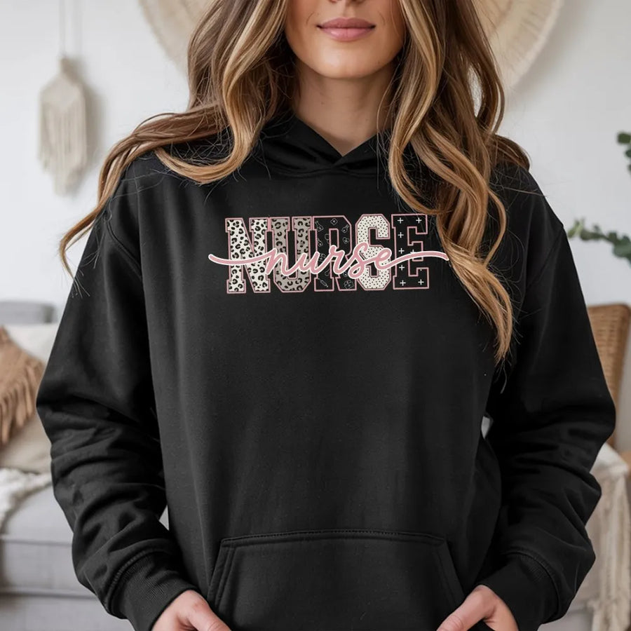Coquette Nurse Hoodie | Pink Leopard Script Aesthetic | Soft Cotton Blend Sweatshirt | Graduation Gift for Nursing Student, RN, LPN