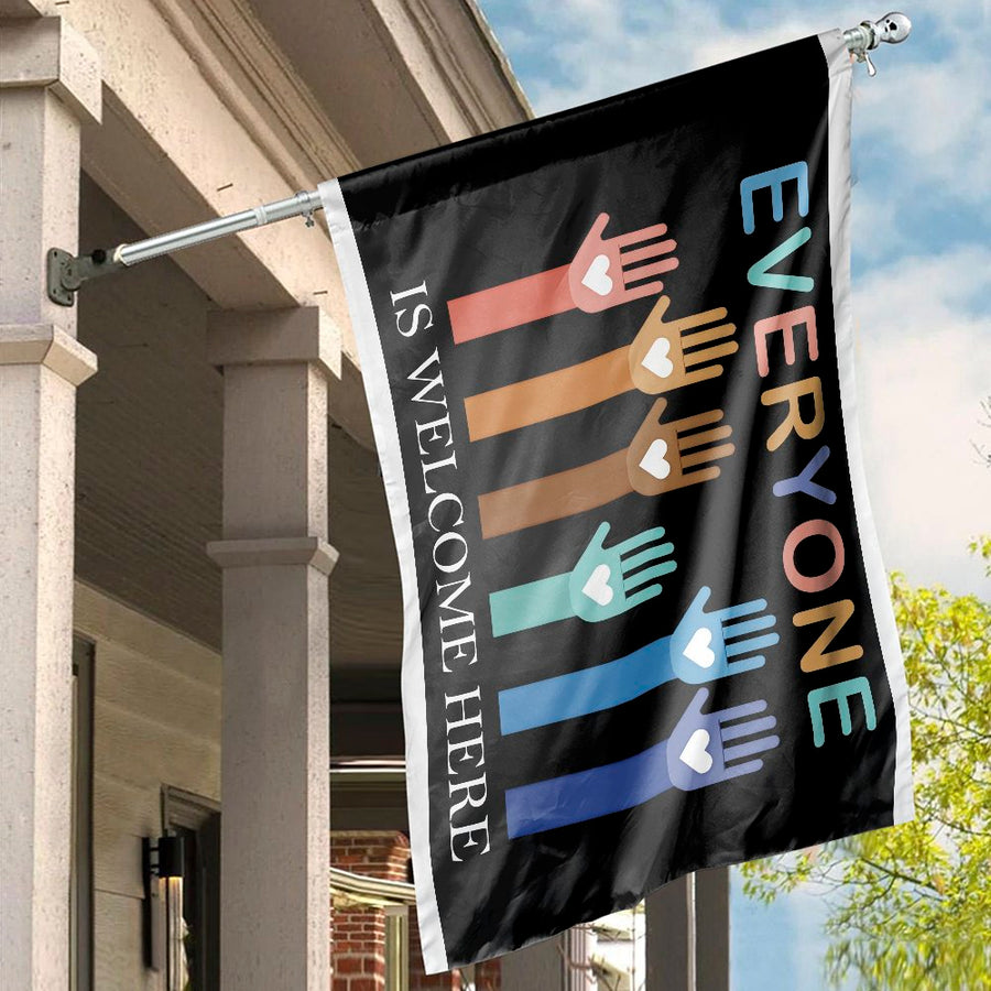 Everyone Is Welcome Here House Flag | Diversity Inclusion Hands Banner | Premium Weather-Resistant Polyester | Patriotic Home & Garden Decor