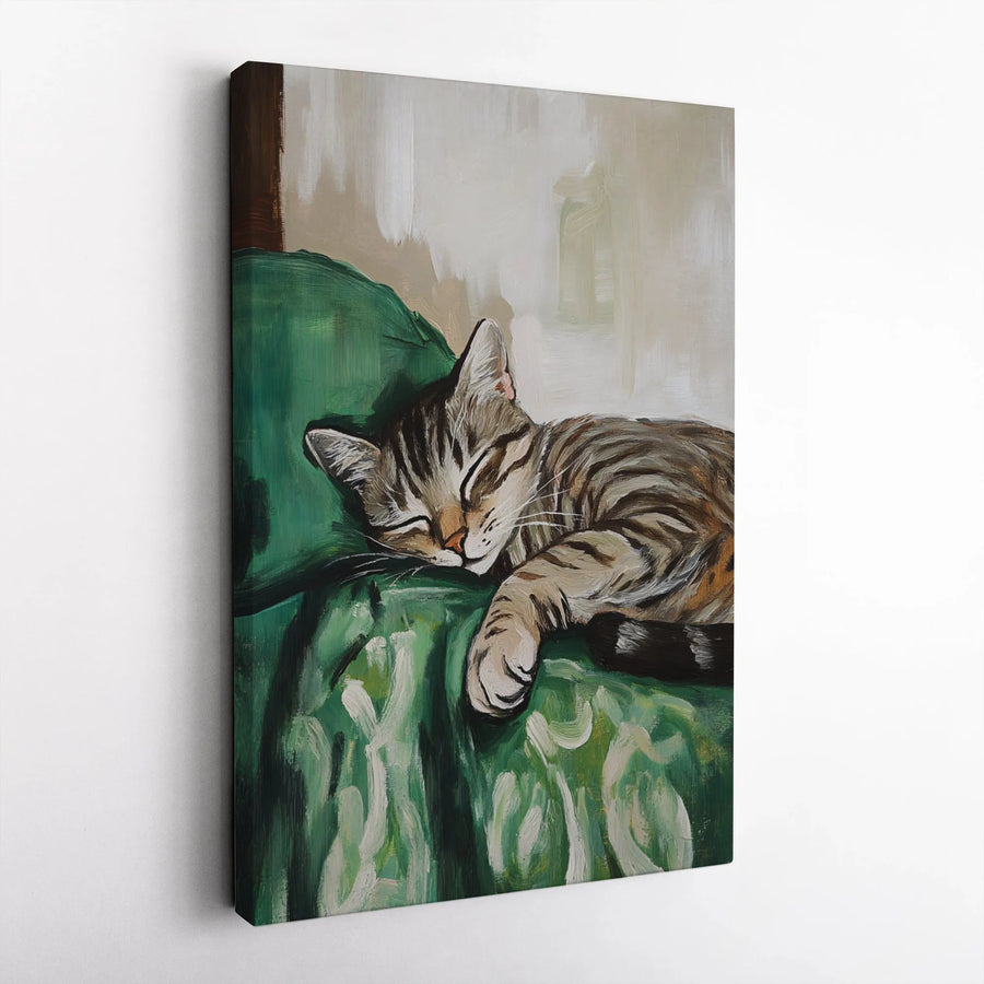 Sleeping Tabby Cat Wall Art | Impressionist Oil Painting Style | Premium 1.25-Inch Gallery Canvas | Cozy Home Decor Gift for Cat Lovers