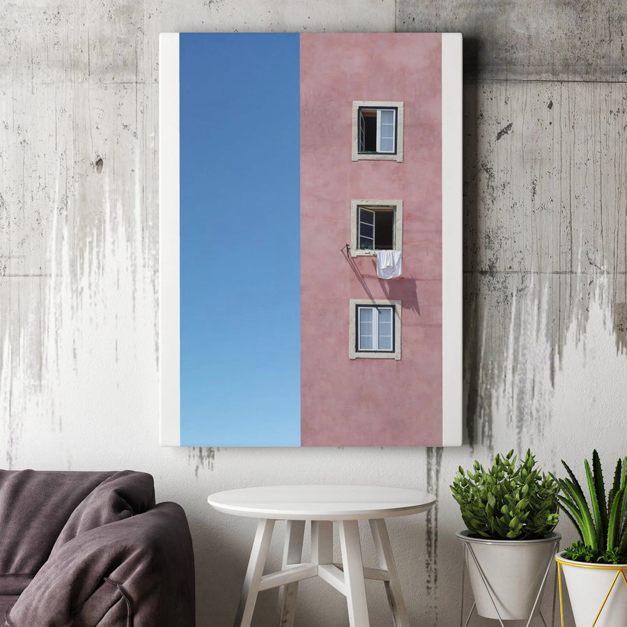 Architectural Canvas Wall Art | Minimalist Pink Building & Blue Sky Print | Premium Gallery Quality Canvas | Modern Home Decor Gift for Living Room
