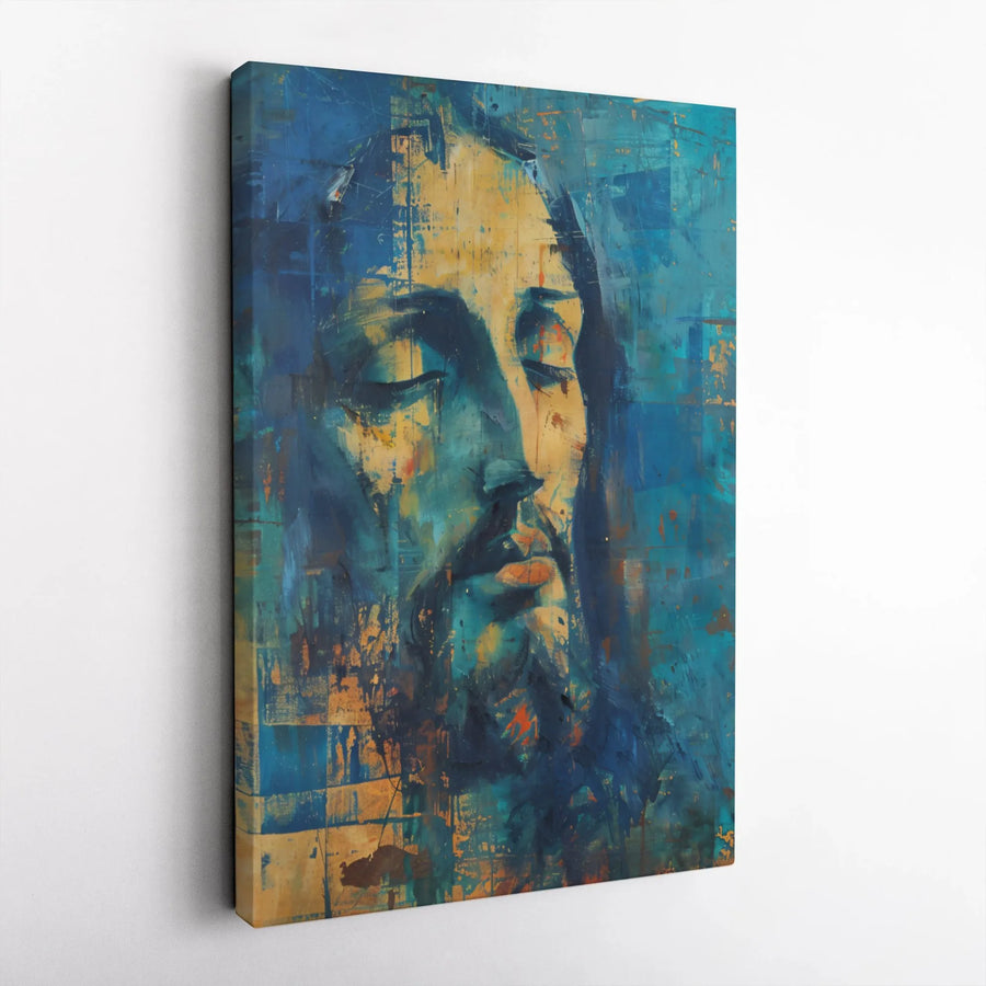 Jesus Christ Canvas Wall Art | Abstract Blue Portrait Painting | Premium Gallery Wrap Print | Modern Religious Home Decor Gift