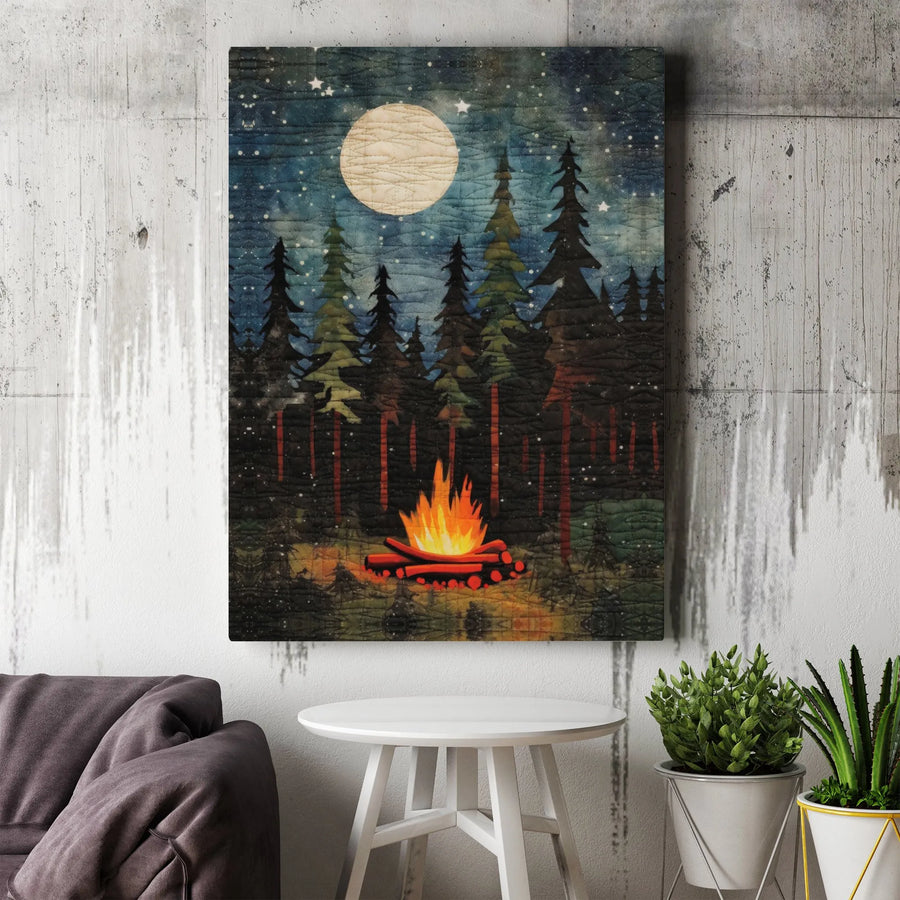 Forest Campfire Canvas Art | Quilted Midnight Pine Tree Landscape | Premium Fade-Resistant Wall Decor | Cozy Cabin Bedroom Gift