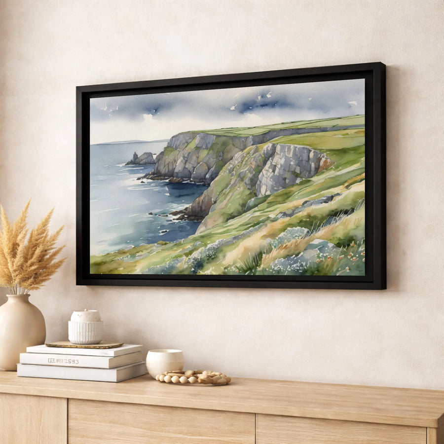 Coastal Cliff Landscape Canvas | Watercolor Ocean Seascape Art | Premium 1.25-Inch Gallery Wrap | Coastal Home Decor Wall Art Gift