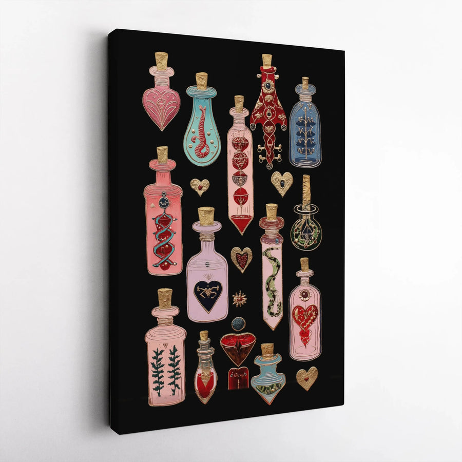 Witchcraft Love Potions Canvas Art | Gothic Magic Potion Bottle Print | Premium 1.25 Inch Gallery Wrap | Spooky Home Decor Gift