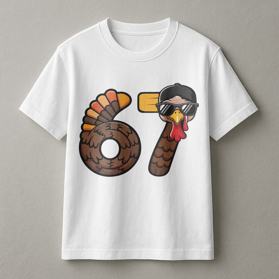 67th Birthday Thanksgiving Turkey T-Shirt | Funny Cool Turkey Graphic Design | Premium 100% Cotton Tee | Gift for Him Her Birthday and Holiday