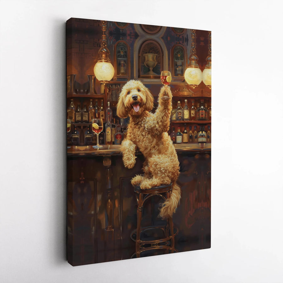 Goldendoodle Dog Canvas Art | Toasting Wine Bar Scene | Premium 1.25" Gallery Wrap | Funny Dog Lover Gift for Home Bar Decor