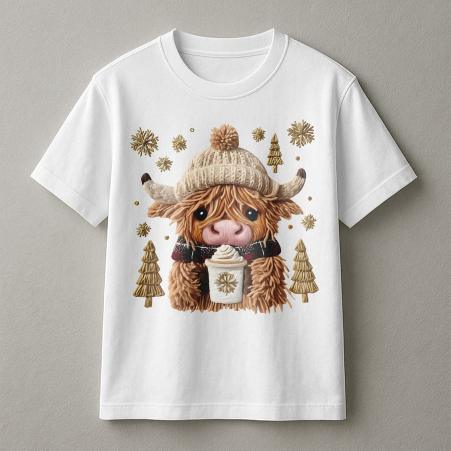 Highland Cow Christmas T-Shirt | Cute Winter Coffee Graphic Tee | Soft Premium Cotton Shirt | Festive Holiday Gift for Women and Teens