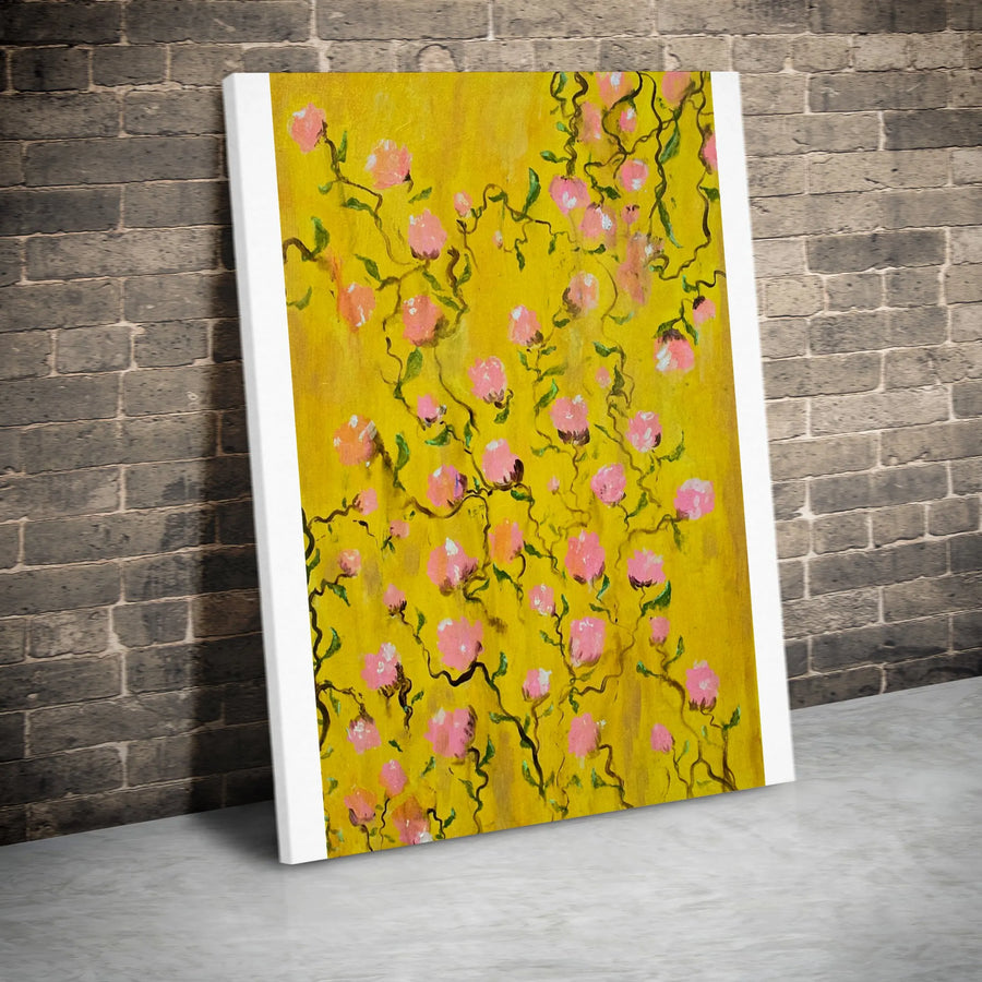 Abstract Floral Garden Vertical Canvas | Pink and Yellow Flower Painting Print | Premium Thick Gallery Wrap | Modern Living Room Wall Decor Gift