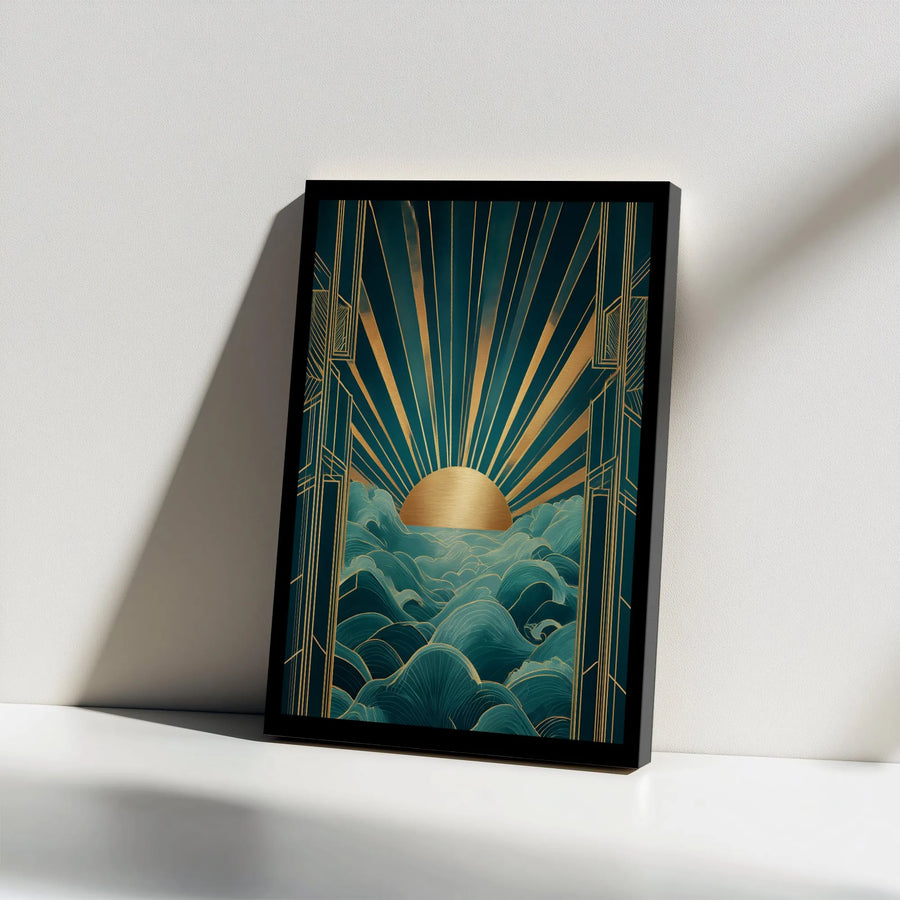 Art Deco Canvas Wall Art | Geometric Golden Sunburst Over Ocean Waves | Premium Thick Gallery Wrap | Modern Home Decor Gift