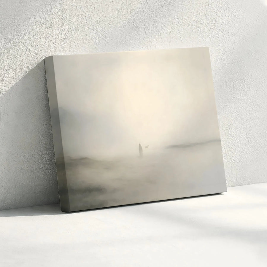 Atmospheric Landscape Canvas Print | Ethereal Figure with Wolf in Mist | Premium Gallery Wrapped Canvas | Modern Minimalist Home Decor Gift