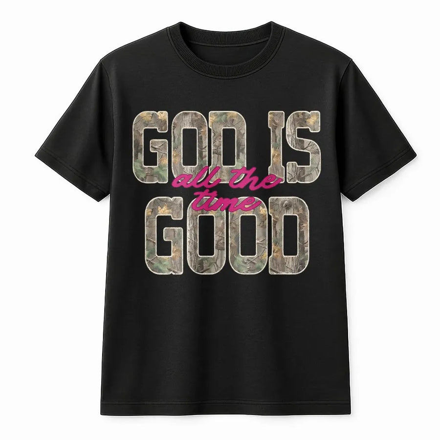 God Is Good All The Time T-Shirt | Retro Distressed Camo Print | Premium Cotton-Blend Fabric | Inspirational Christian Faith Gift