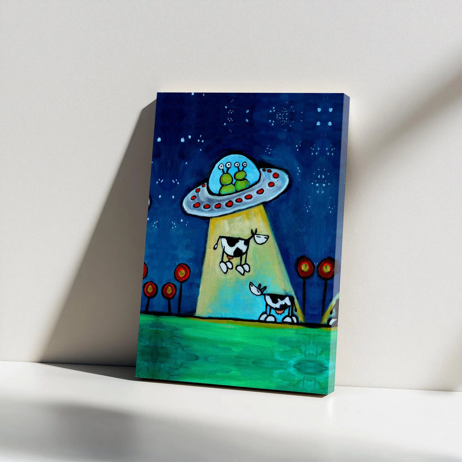 UFO Cow Abduction Canvas Print | Whimsical Alien Space Art | Premium Gallery Wrapped Decor | Funny Farmhouse Sci-Fi Wall Art Gift