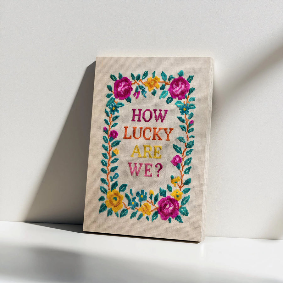 How Lucky Are We Canvas Print | Vintage Cross Stitch Style Art | Premium Gallery Wrapped Wall Decor | Anniversary Gift for Couple
