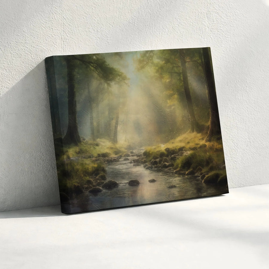 Misty Forest Landscape Canvas | Ethereal Stream Wall Art | Premium Gallery-Wrapped Print | Serene Nature Decor For Home Or Office