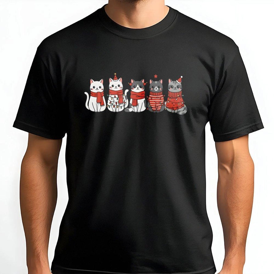 Cute Cat Christmas T-Shirt | Festive Kitties with Scarves and Lights | 100% Soft Cotton Premium Tee | Holiday Gift for Cat Moms and Lovers