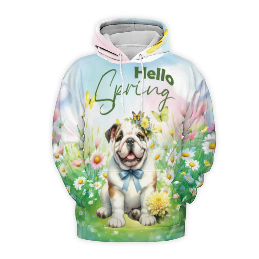 English Bulldog 3D Hoodie | Hello Spring Floral Butterfly Graphic | Soft Brushed Fleece Unisex Pullover | Cute Dog Lover Gift Apparel