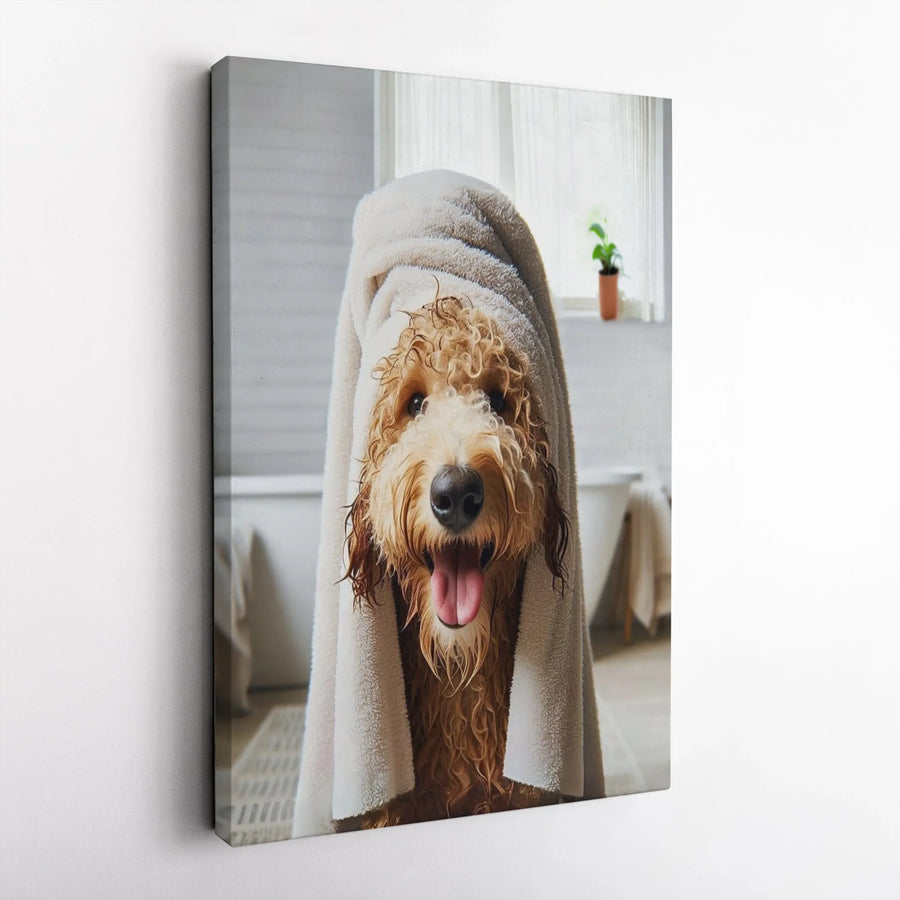 Goldendoodle Dog Canvas Art | Cute Wet Dog In Towel Portrait | Premium Gallery Wrapped Wall Decor | Funny Dog Lover Gift Idea