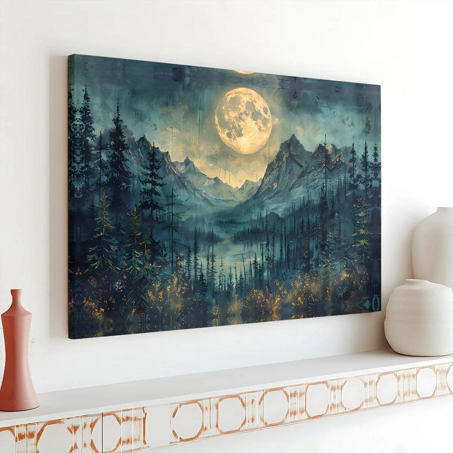 Mountain Moon Canvas Print | Impasto Style Night Sky Artwork | Gallery Wrapped Premium Canvas | Living Room Wall Decor Gift for Nature Lovers