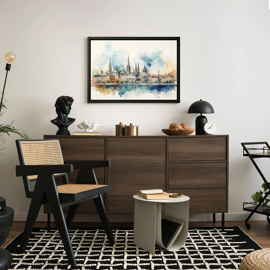 European Cityscape Canvas Print | Watercolor River Reflection Art | Premium Gallery-Wrapped Wall Decor | Travel Inspired Home Gift