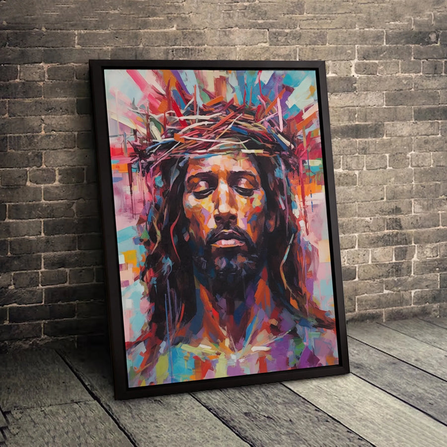 Jesus Christ Canvas Wall Art | Colorful Crown Of Thorns Portrait | Premium Gallery Wrap Print | Modern Religious Home Decor Gift