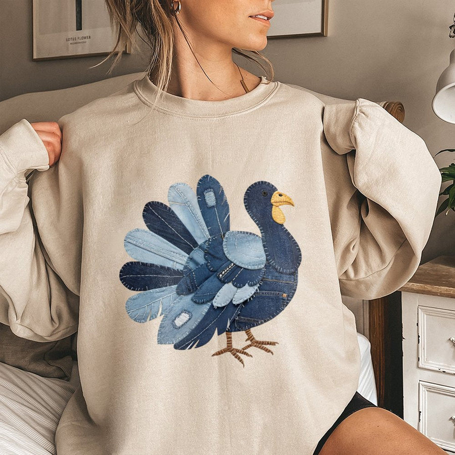 Denim Patchwork Turkey Sweatshirt | Cute Fall Graphic Design | Premium Cotton Blend | Thanksgiving Gift For Her