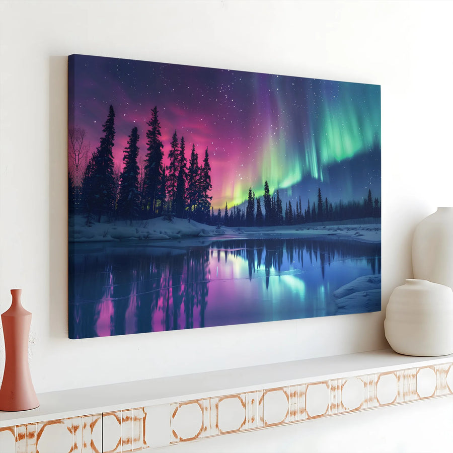 Northern Lights Canvas Wall Art | Aurora Borealis Winter Landscape with Lake Reflection | Premium Gallery Wrapped Print | Living Room & Bedroom Decor Gift