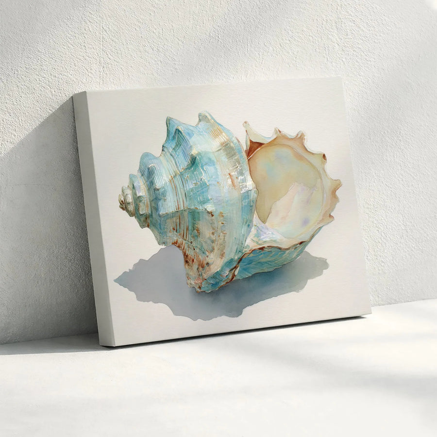 Watercolor Conch Seashell Canvas Wall Art | Blue Coastal Ocean Decor | Premium Fade-Resistant Print | Beach House Aesthetic Gift