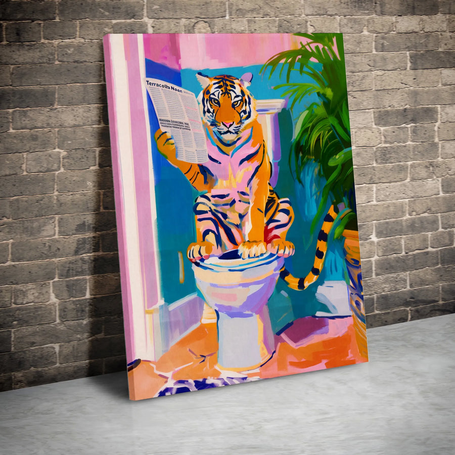 Tiger Reading Newspaper on Toilet Canvas | Quirky Bathroom Wall Art | Premium Fade-Resistant Gallery Print | Funny Animal Home Decor