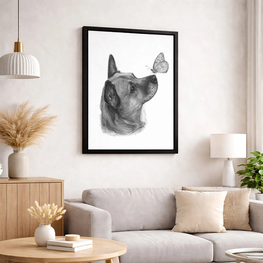Dog and Butterfly Canvas Print | Pencil Sketch Wall Art | Premium Gallery Wrapped | Pet Lover Home Decor Gift