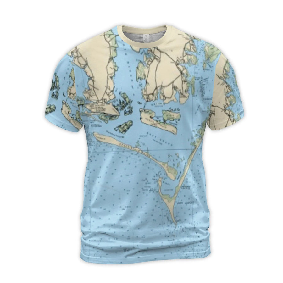 Cape Cod Nautical Map T-Shirt | All-Over Print Vintage Chart Design | Premium Stretchy Jersey | Gift for Sailors and Coastal Living Enthusiasts