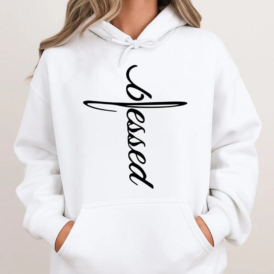 Blessed Cross Hoodie | Christian Faith Graphic Pullover | Soft Cotton-Poly Blend | Religious Gift for Men and Women