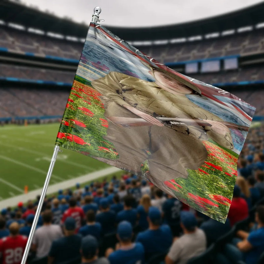Remembrance Day Soldier House Flag | Lest We Forget Poppy Field Art | Weather-Resistant Polyester | Patriotic Outdoor Decor Gift for Veterans