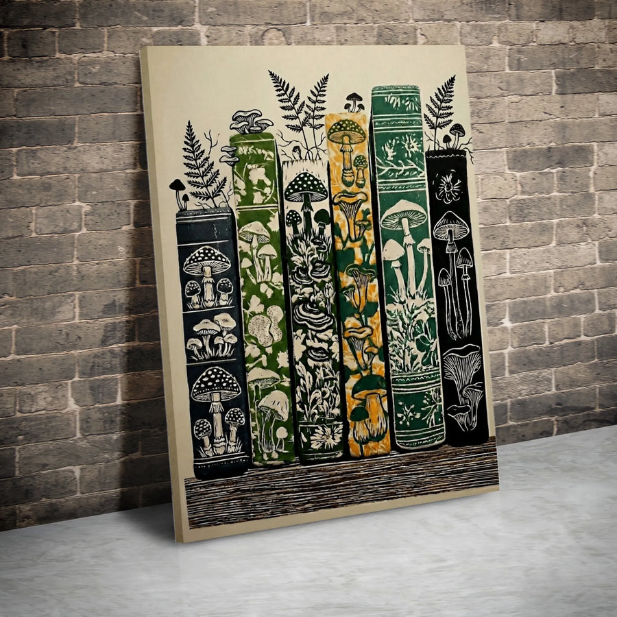 Mushroom Bookshelf Canvas | Vintage Botanical Fungi & Fern Art | Premium Gallery Wrapped Canvas | Cottagecore Decor Gift for Book Lover