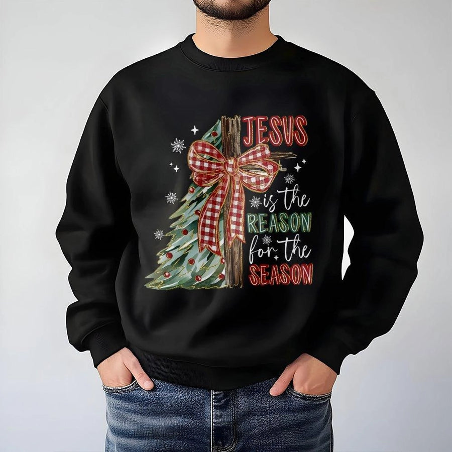 Jesus Is The Reason For The Season Sweatshirt | Retro Christmas Cross & Plaid Bow Print | Premium Cotton Blend | Christian Holiday Gift for Women