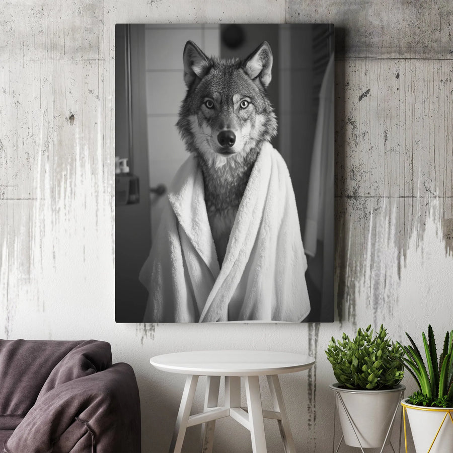 Wolf in Bathrobe Canvas Print | Whimsical Bathroom Wall Art | Premium Gallery Wrap Decor | Funny Animal Portrait for Home Office