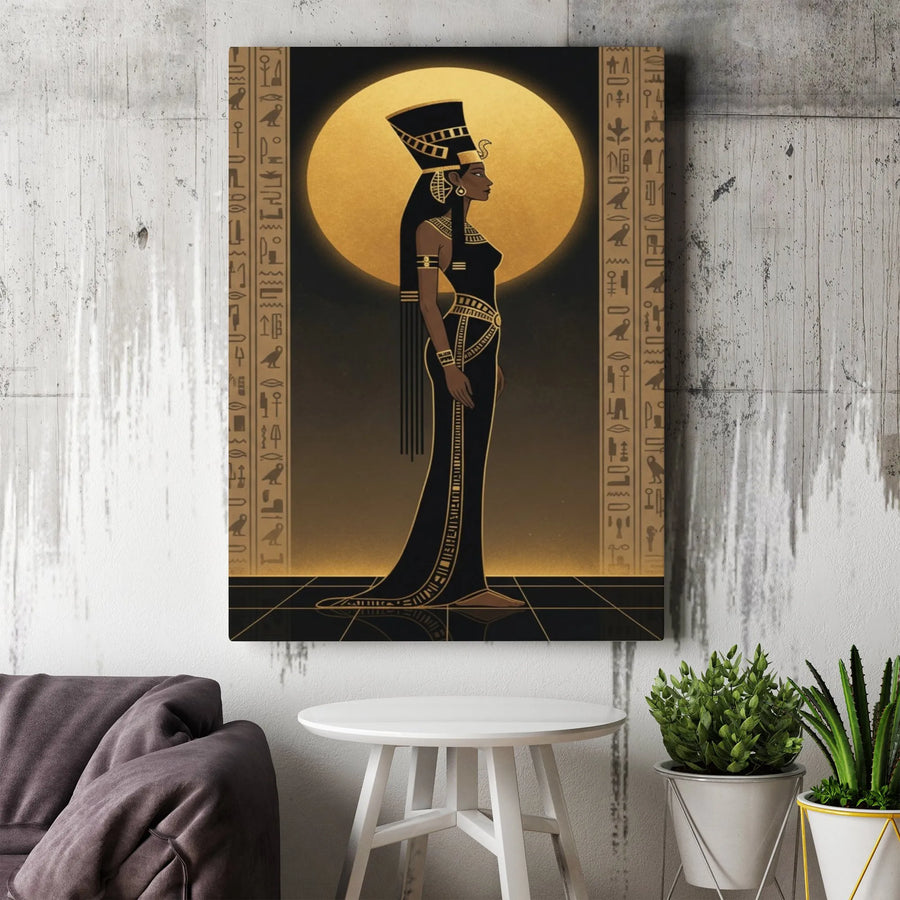 Egyptian Queen Vertical Canvas | Modern Nefertiti Graphic Art with Hieroglyphics | Premium Gallery Wrap | Collector's Gift for Egyptology Fans