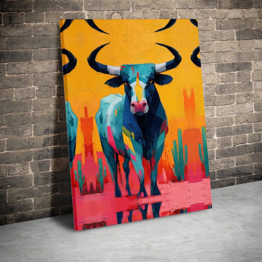 Abstract Bull Canvas Wall Art | Vibrant Desert Landscape Painting | Gallery-Quality Fade-Resistant Print | Southwestern Home Office Decor