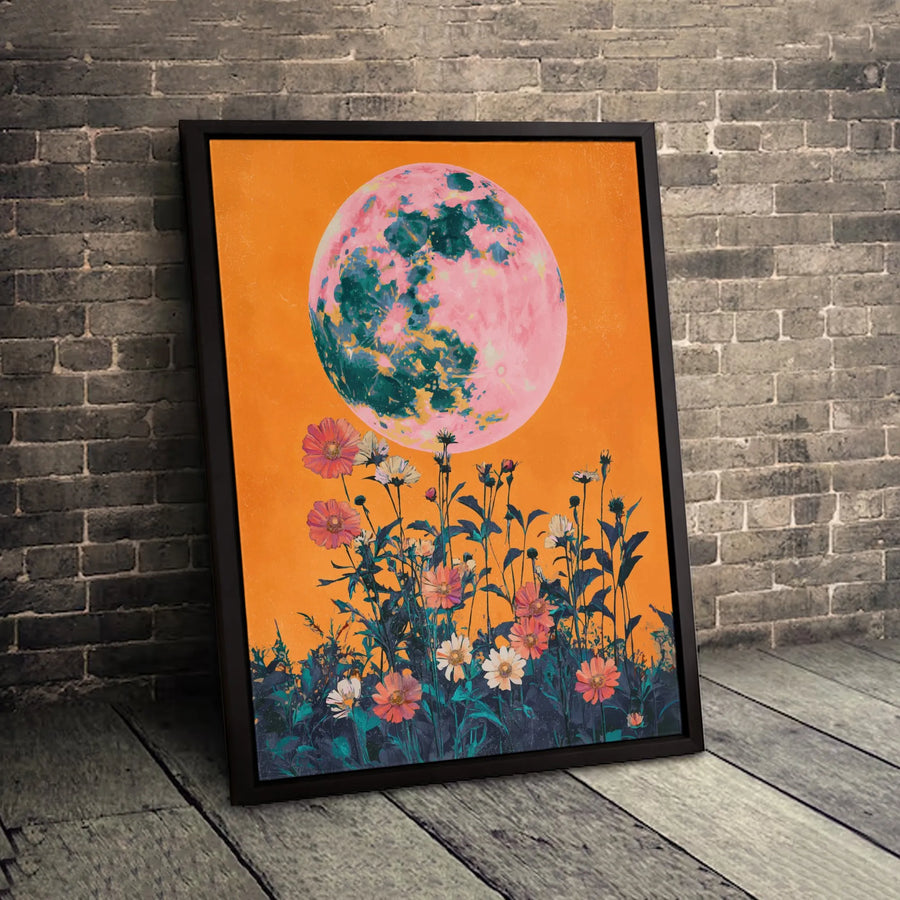 Pink Moon Wildflower Wall Art | Psychedelic Celestial Botanical Print | Gallery Wrapped 1.25 Inch Canvas | Boho Home Decor Gift for Her