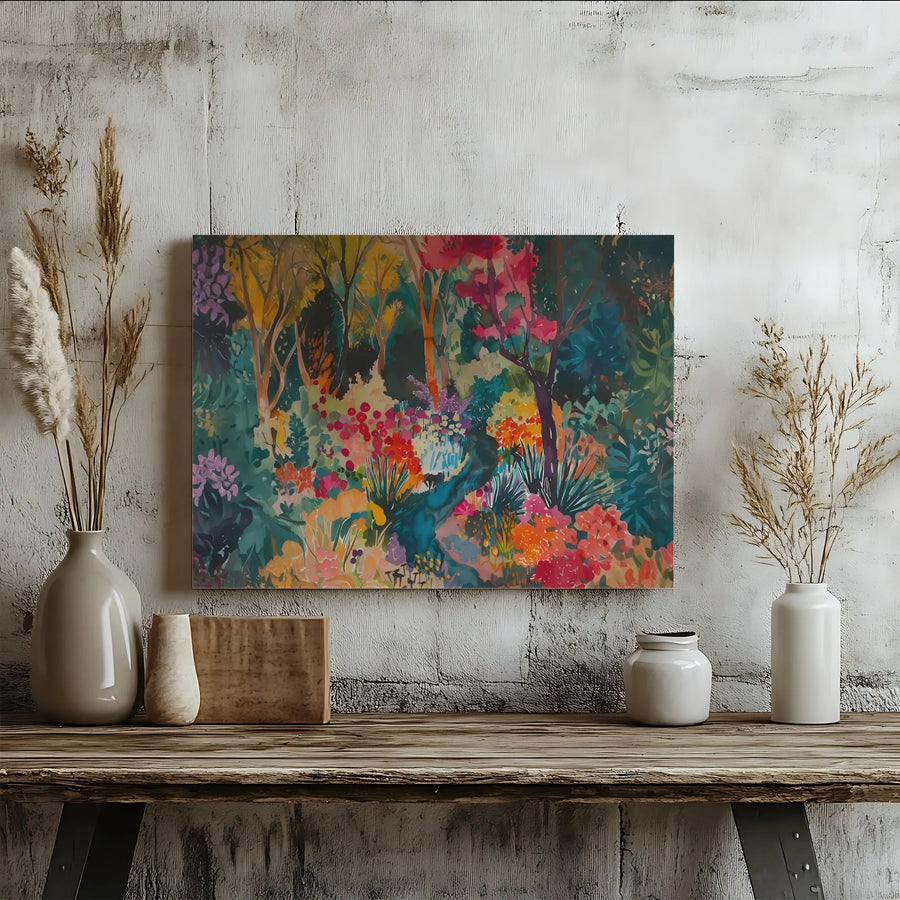 Abstract Forest Canvas Wall Art | Vibrant Watercolor Garden Scene | Premium Fade-Resistant Print | Modern Living Room Decor Gift