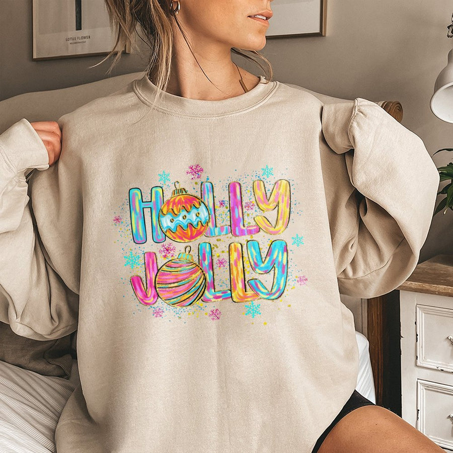 Holly Jolly Christmas Sweatshirt | Colorful Retro Ornament Graphic | Premium Cotton Blend Crewneck | Festive Holiday Gift for Women & Men